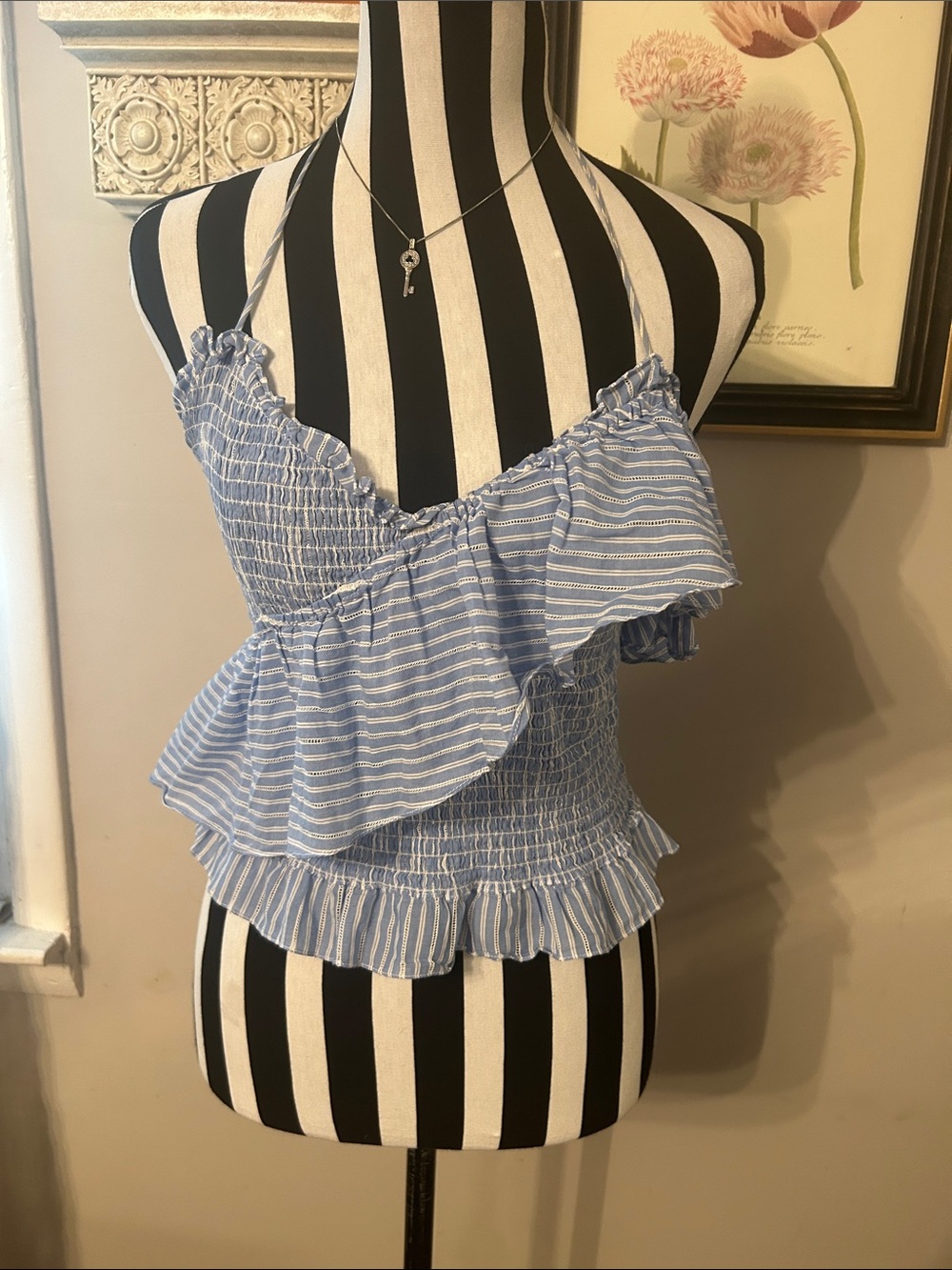 Cinq A Sept Smocked Ruffle One-Shoulder Tank Top - Light Blue Stripe